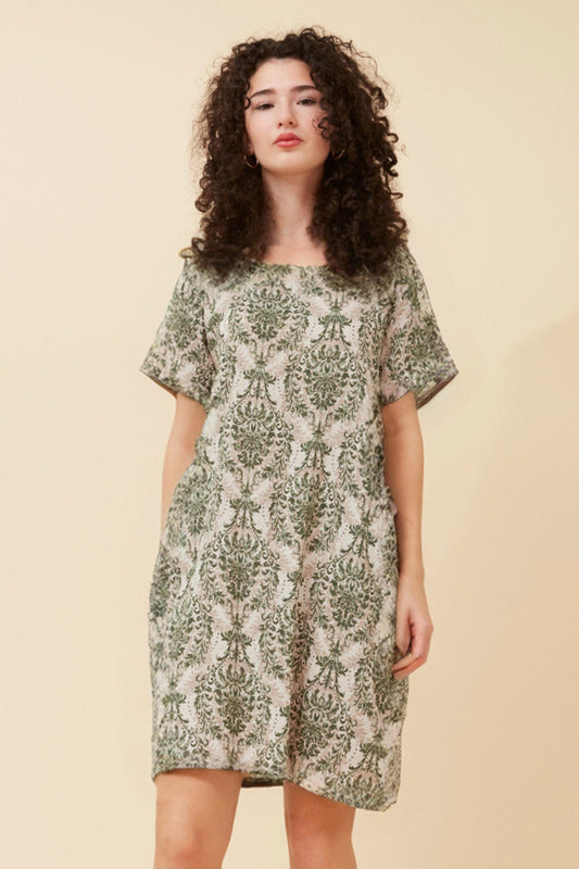 Damask Vines Pocket Short Shift Dress